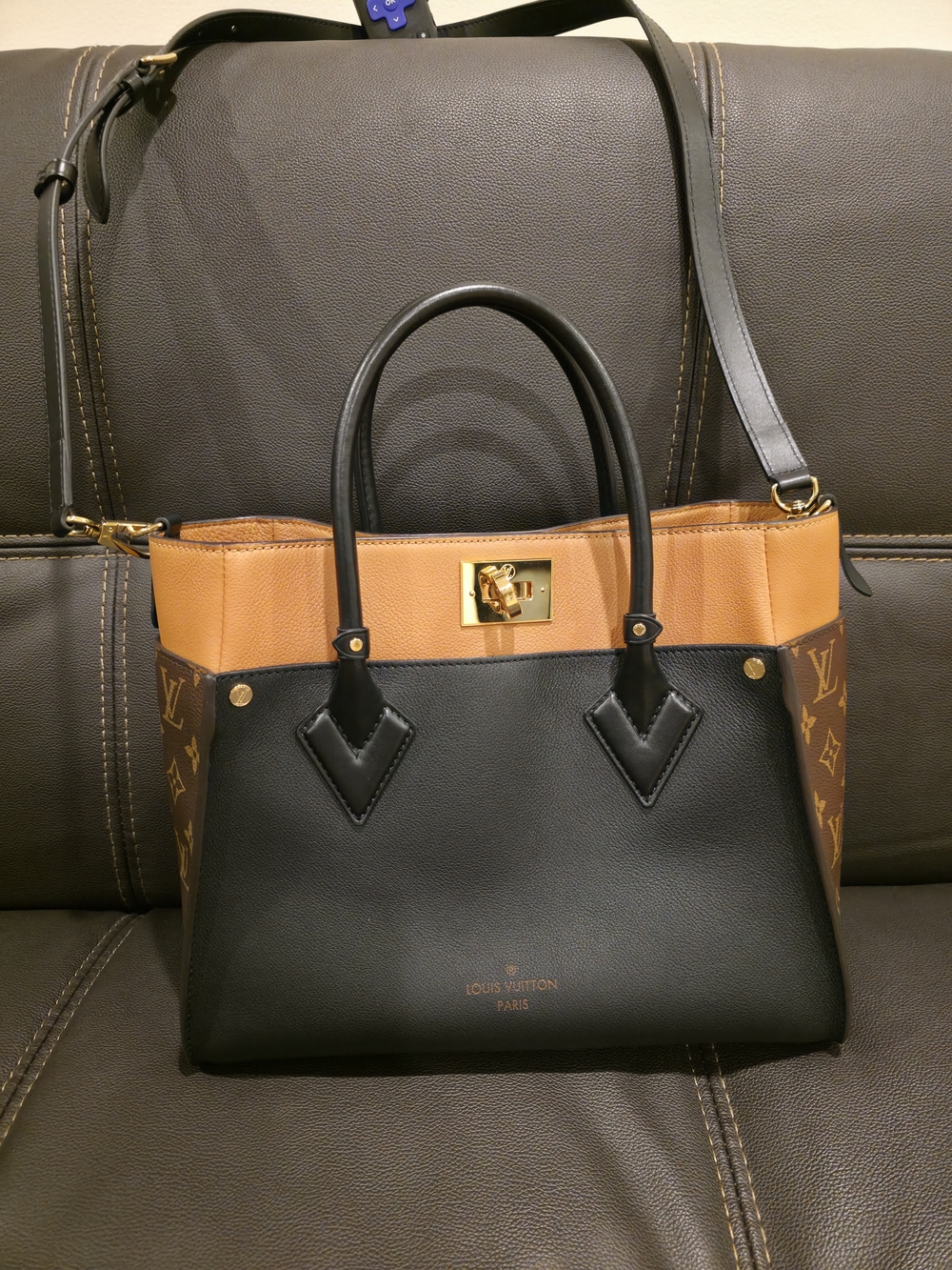 Louis Vuitton On My Side MM Calf Skin Black and Tan Leather Top-Handle Bag